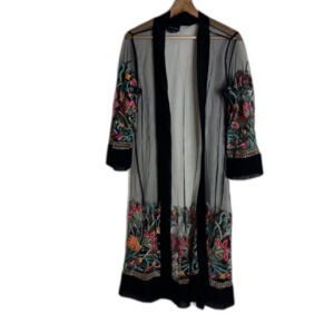 LIV Los Angeles Kimono Jacket Womens Medium Black Sheer Floral Embroidered